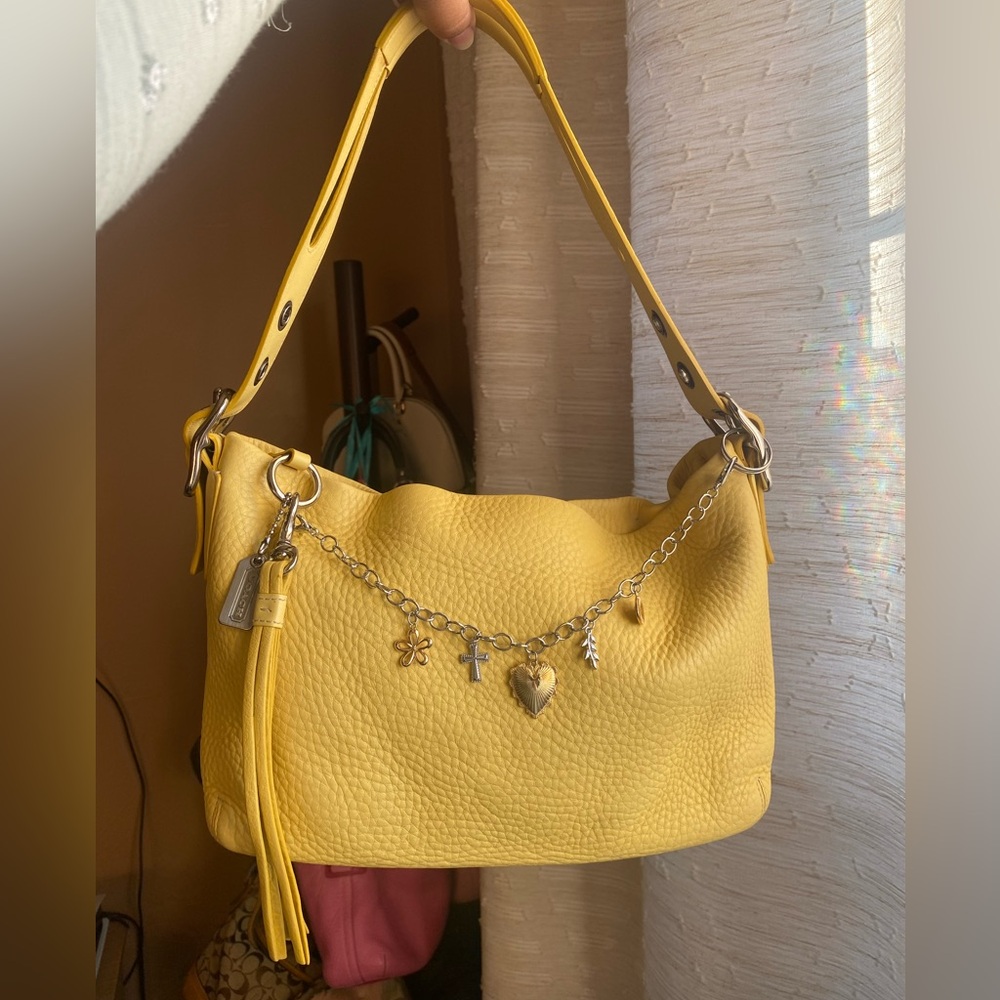 Coach Yellow Pebbled Leather Shoulder Bag with Charm Chain Accents